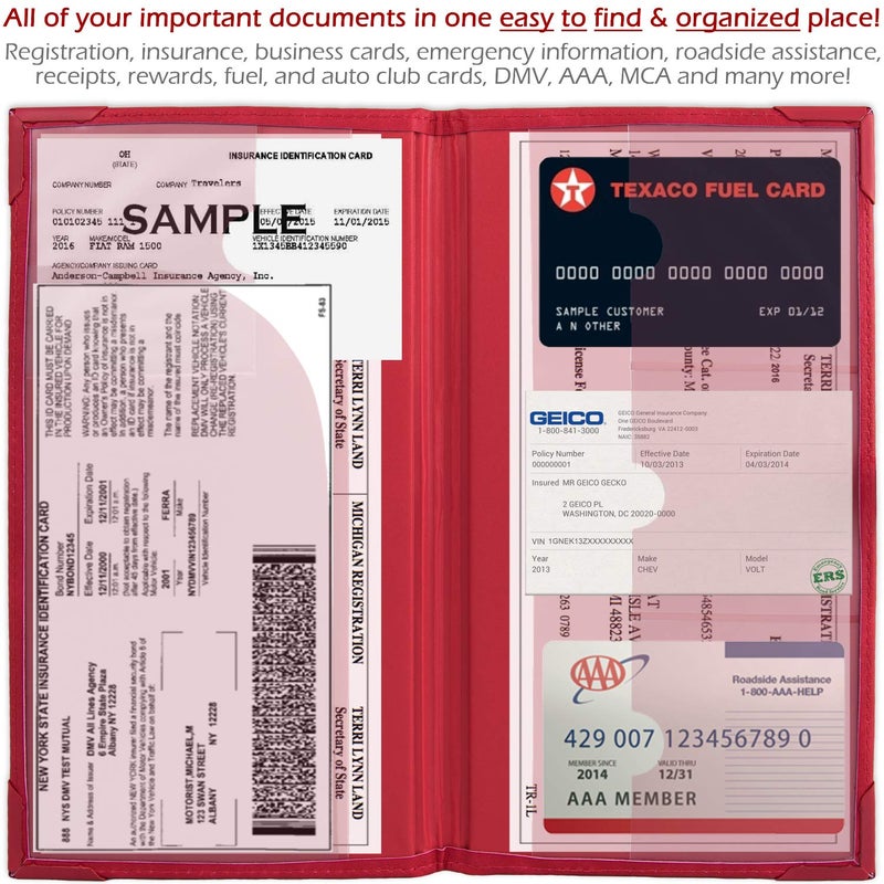 PlusXpres Auto Insurance and Registration Card Holder - Vehicle Glove Box Document Organizer - Car Essential Paperwork Holder for DMV  AAA  Contact Information Cards - Premium PU Leather Wallet Case - Red - Image 4
